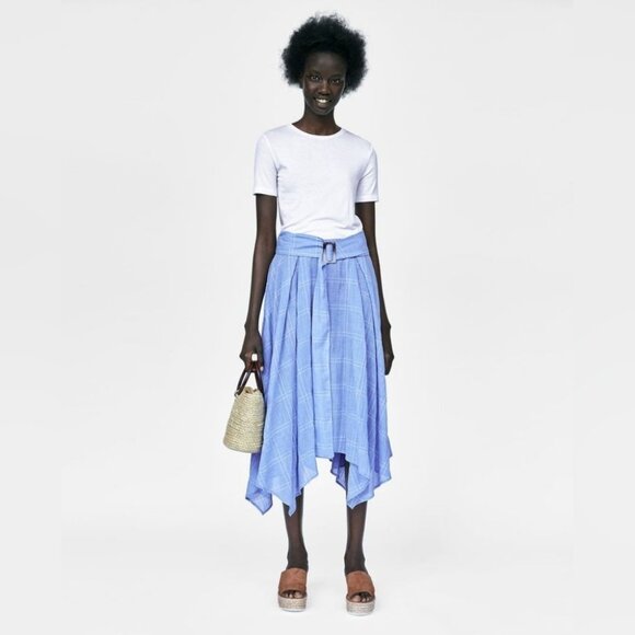 Zara Checked Asymmetrical Cotton Belted Midi Skirt Size S - Picture 2 of 8